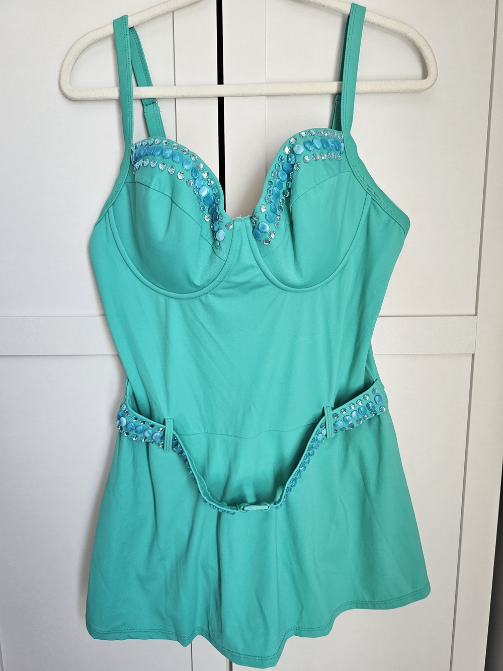 VTG Newport News Turquoise Beaded Swimdress Underwire One-Piece Swimsuit Size 18